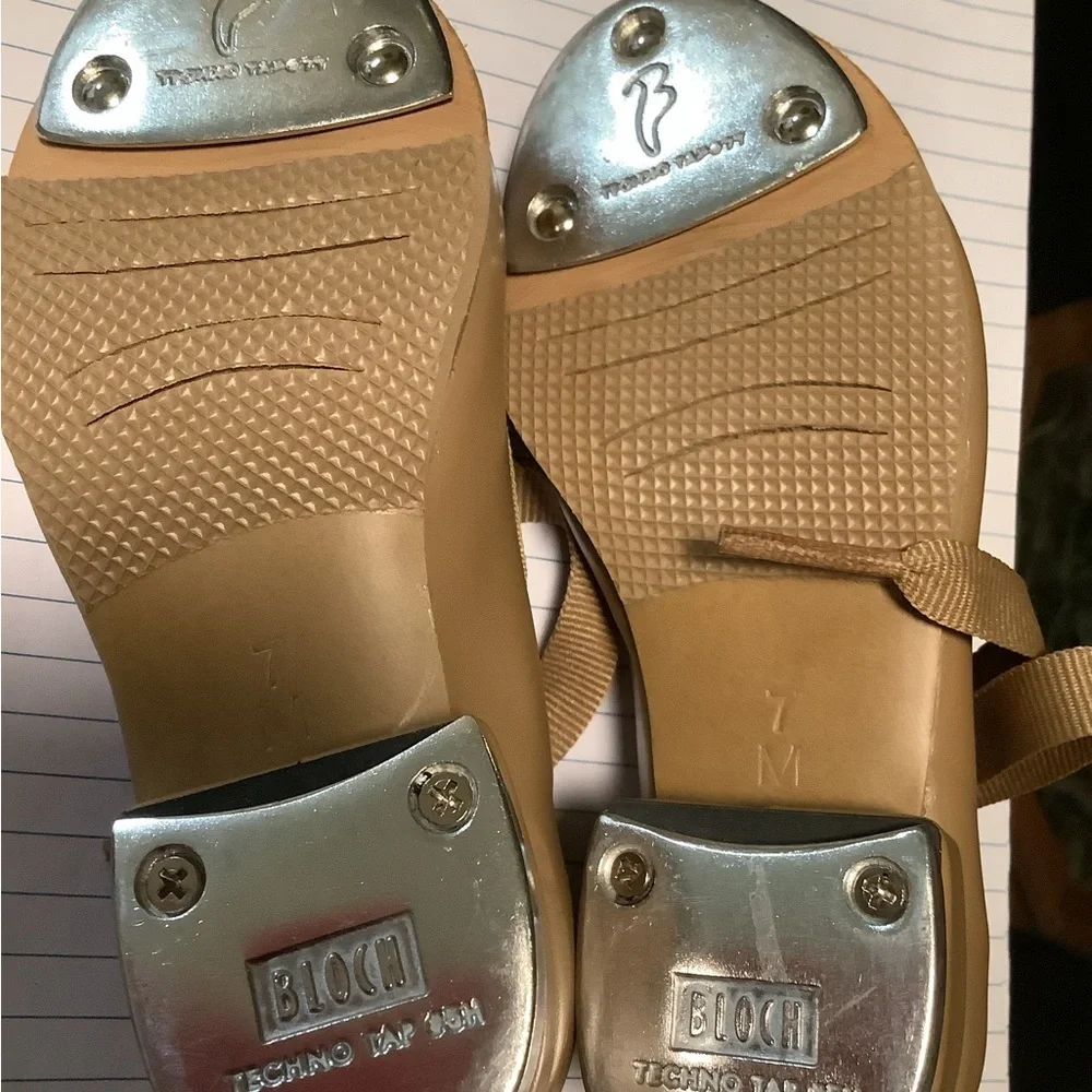 Bloch girls tan snap closure rib‎ tie tap dance shoes size 7 medium